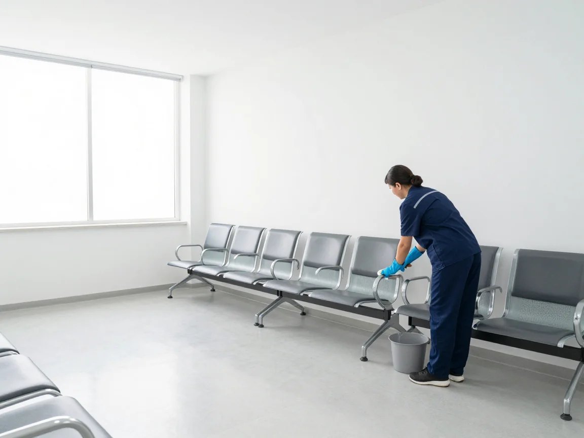 Operaria de uniforme limpia los apoyabrazos de las sillas de la sala de espera de una clínica