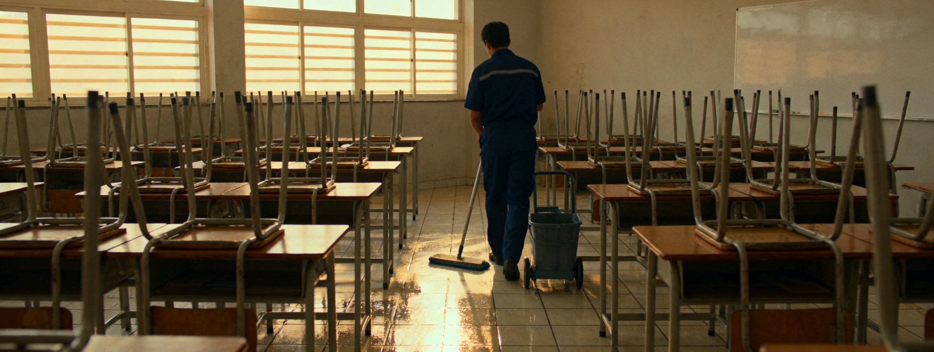 Operario de espaldas pasando la mopa entre los bancos de un aula vacía