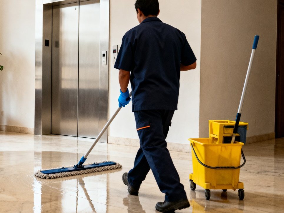 Operario limpiando el piso de mármol del hall de un edificio