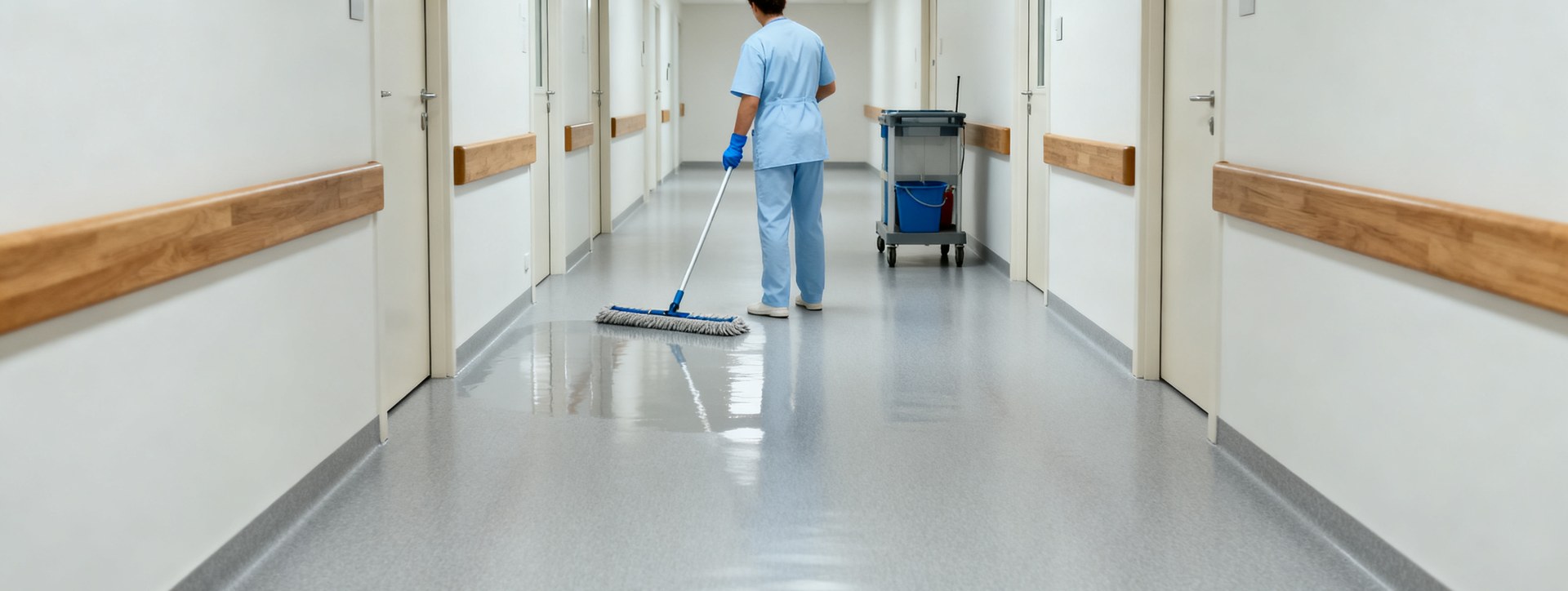 Operario de espaldas pasando la mopa por un pasillo de hospital