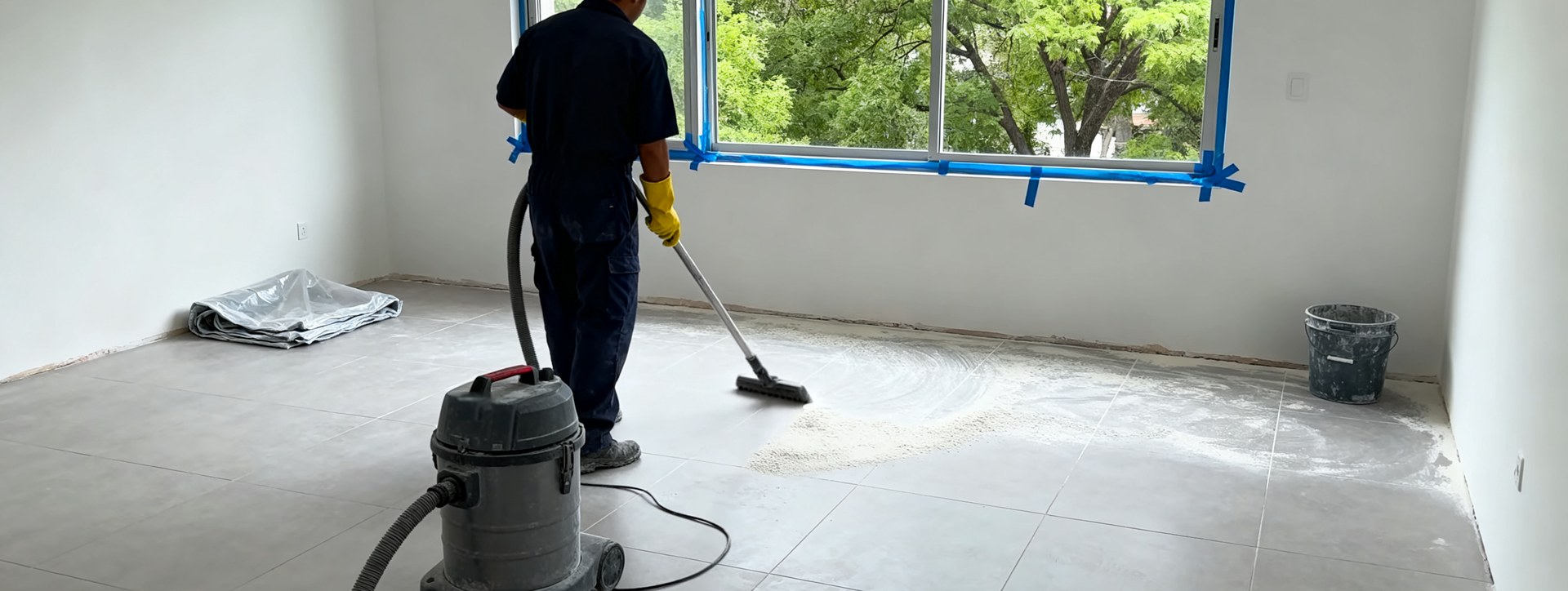 Operario aspirando el polvo del piso de un living recién pintado
